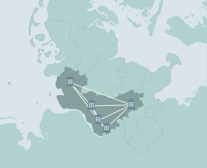 Diese Landkarte von Schleswig-Holstein stellt die Distanz verschiedener Institute zueinander dar.